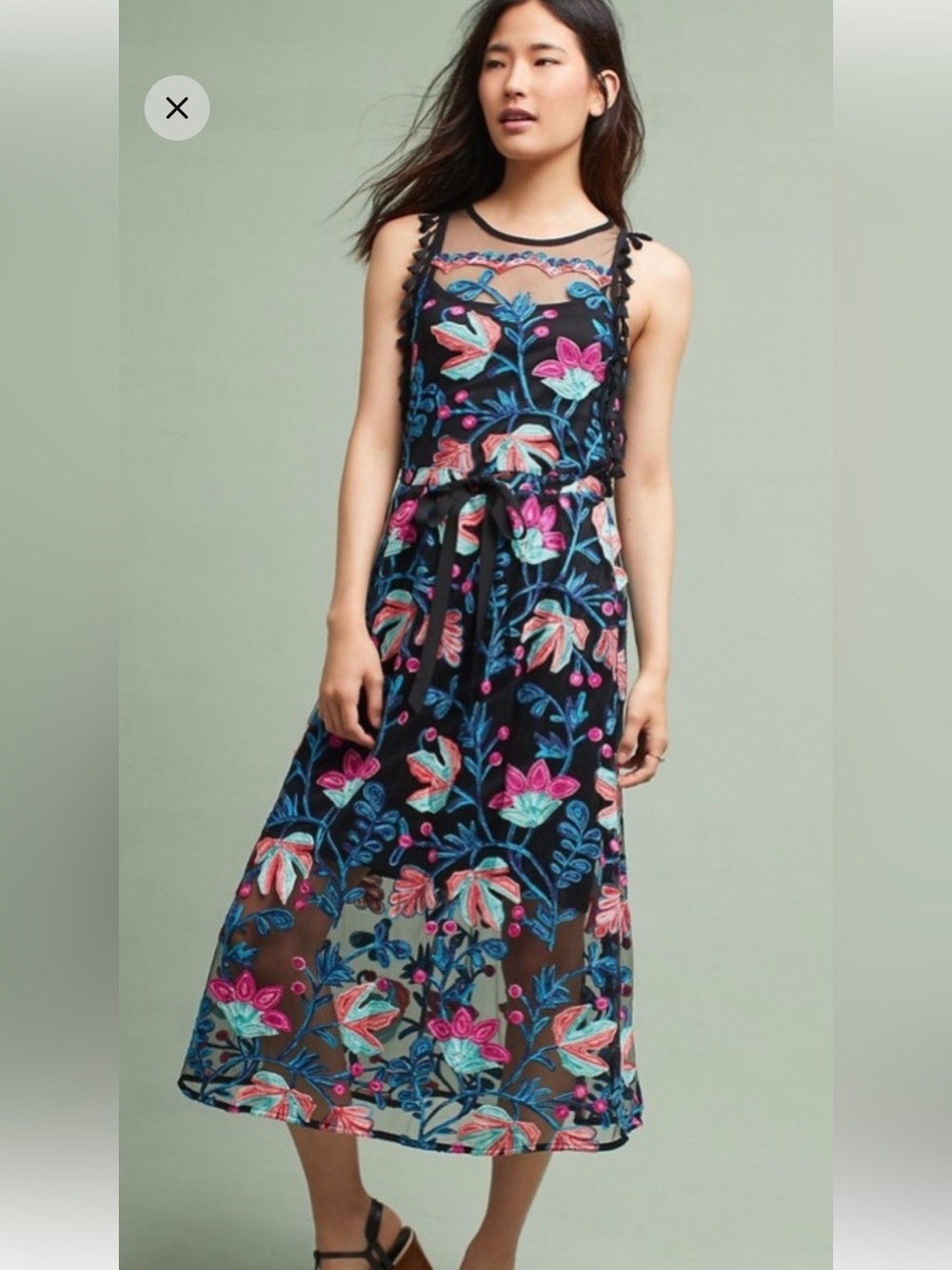 Anthropologie Black Maxi Dress with Pink, Teal & Coral Embroidery